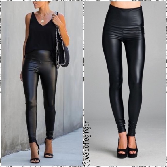BLACK high waisted faux leather leggings - Picture 4 of 8
